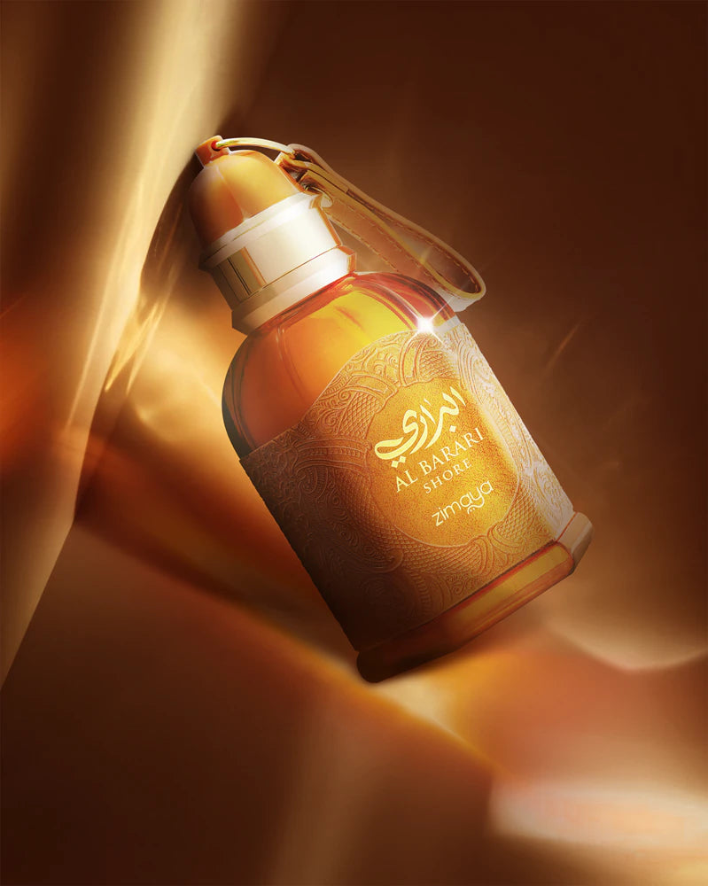 Perfume bottle with 'Al Haramain' branding on a warm, blurred background