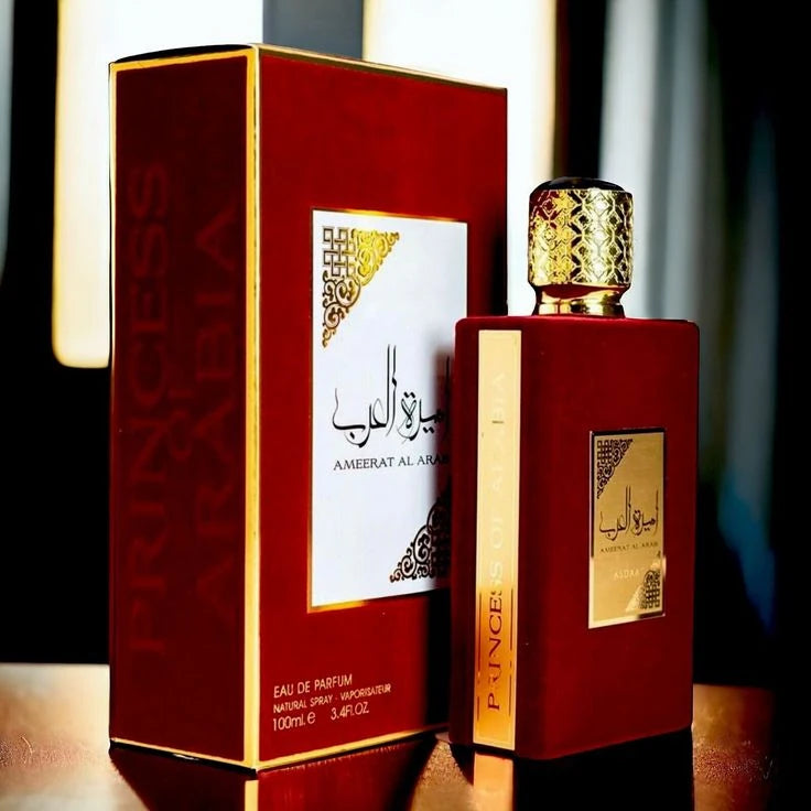 Ameerat Al Arab fragrance – box and bottle in warm styled setting