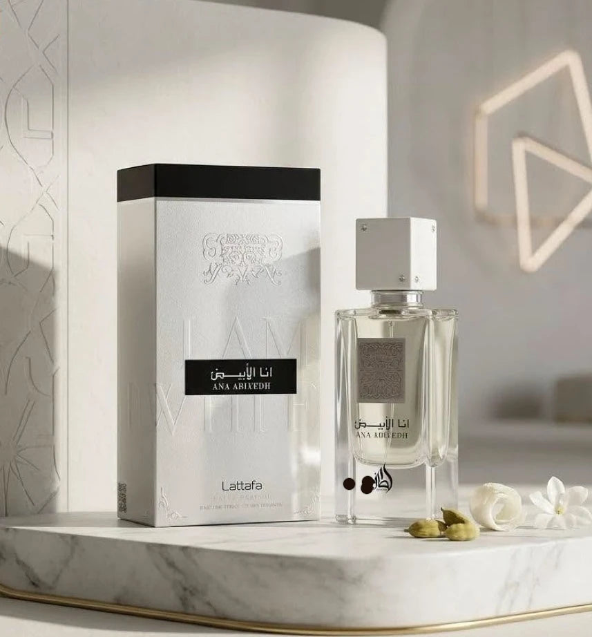 Ana Abiyedh White fragrance – box and bottle on marble with architectural detail
