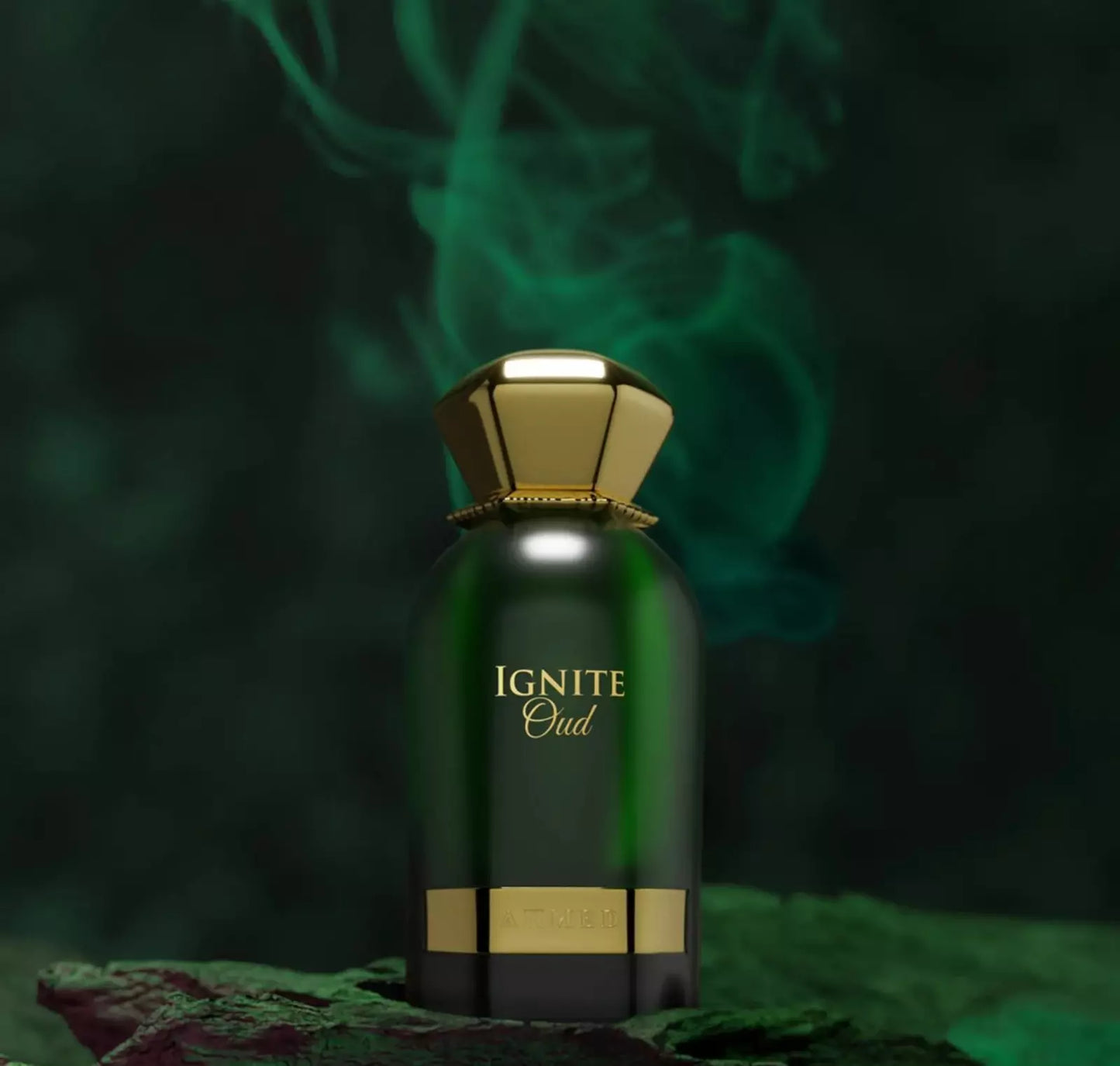 Ignite Oud by Ahmed Al Maghribi Bottle with Mysterious Background