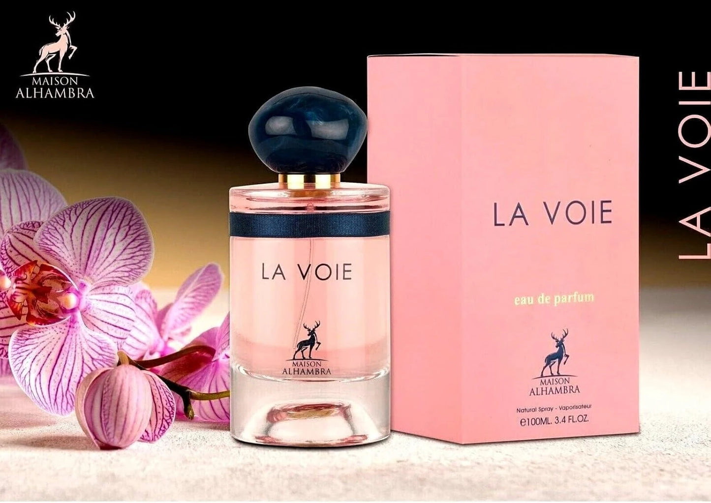 La Voie 100ml fragrance – bottle and box with pink orchids