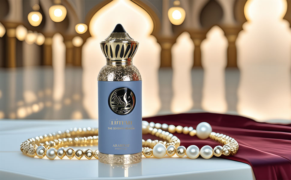 Lutfah Perfume bottle with pearls on a table in a softly blurred indoor setting