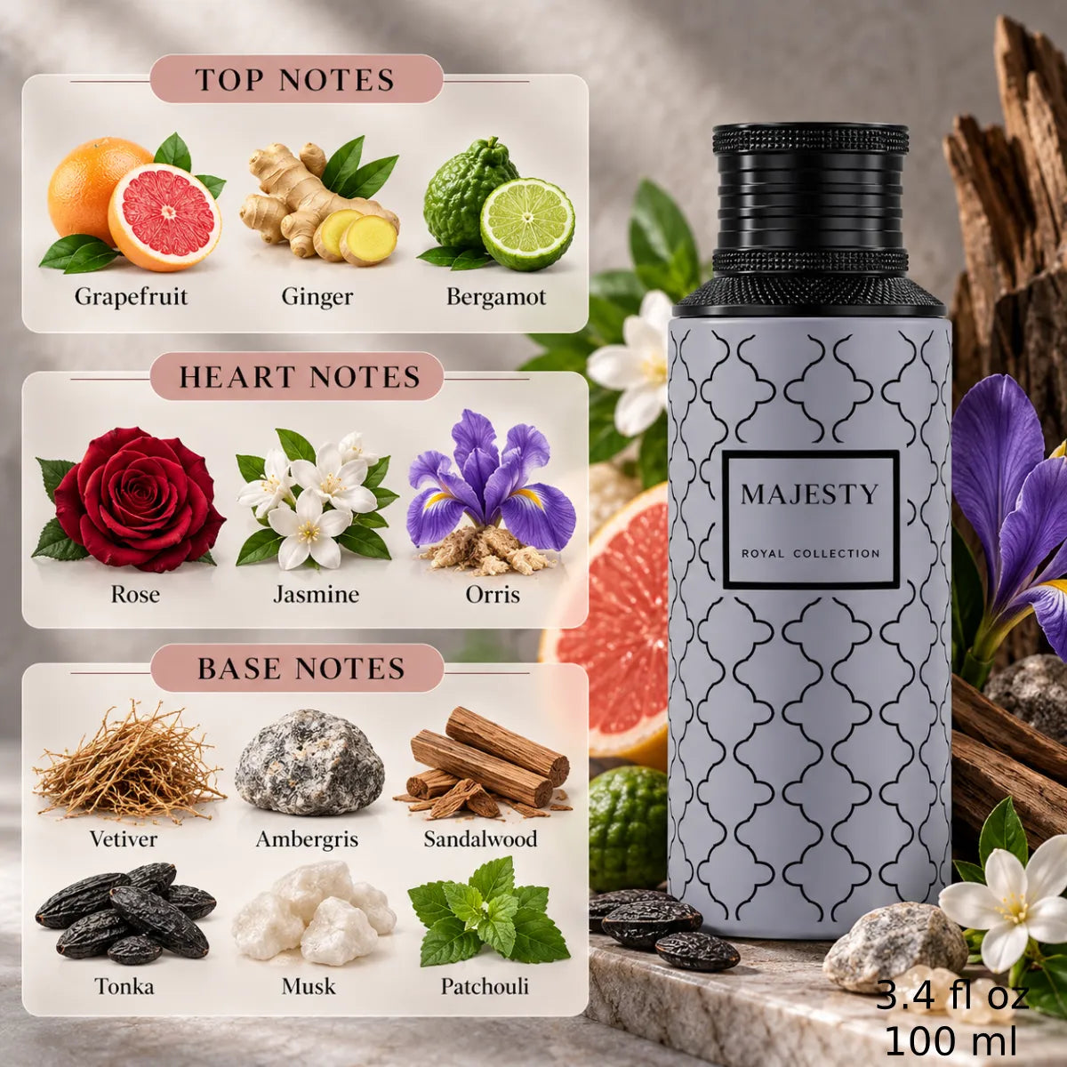 Majesty fragrance notes – grapefruit, ginger, bergamot, rose, jasmine, orris, vetiver and sandalwood