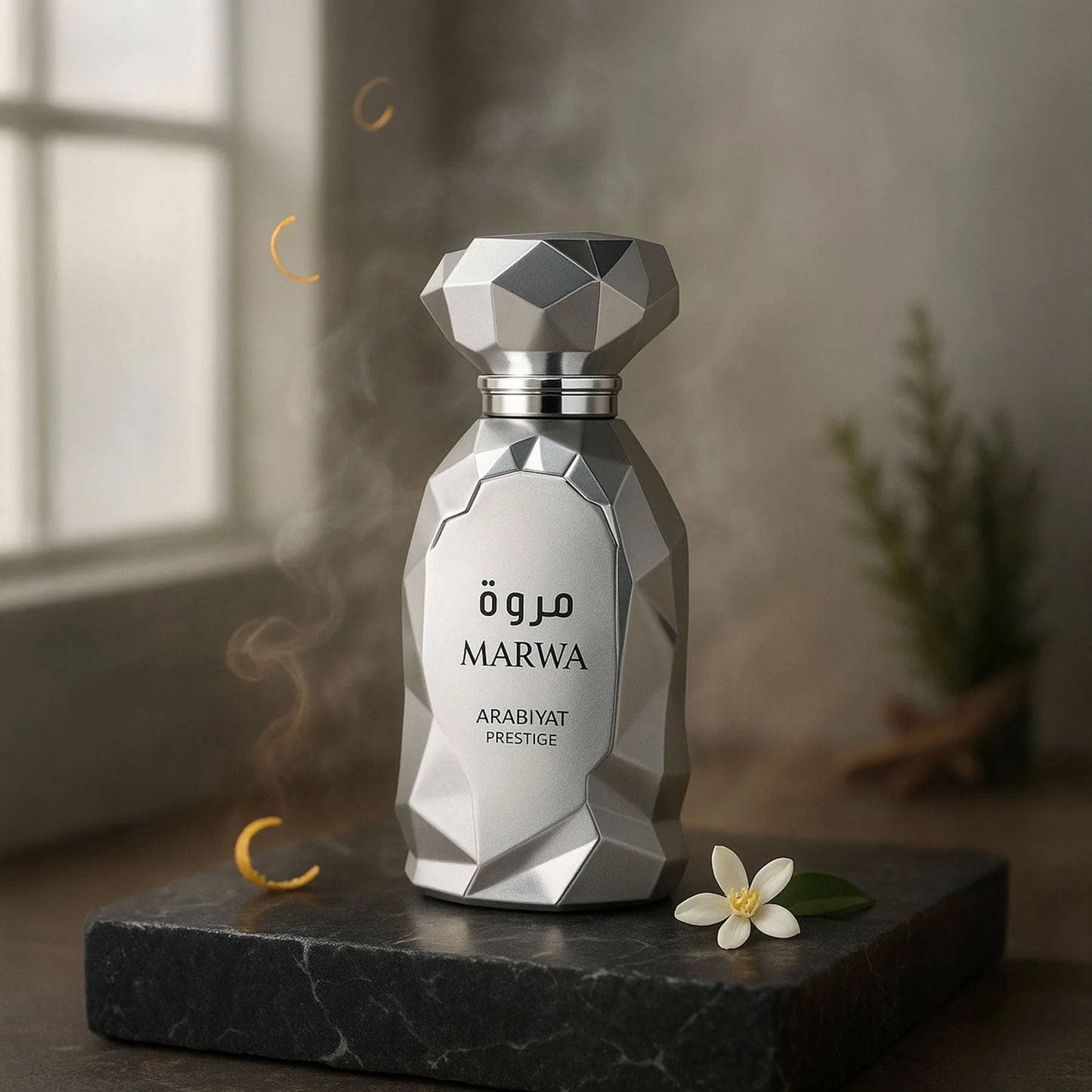 Silver perfume bottle labeled 'Marwa' on a dark surface with a blurred background