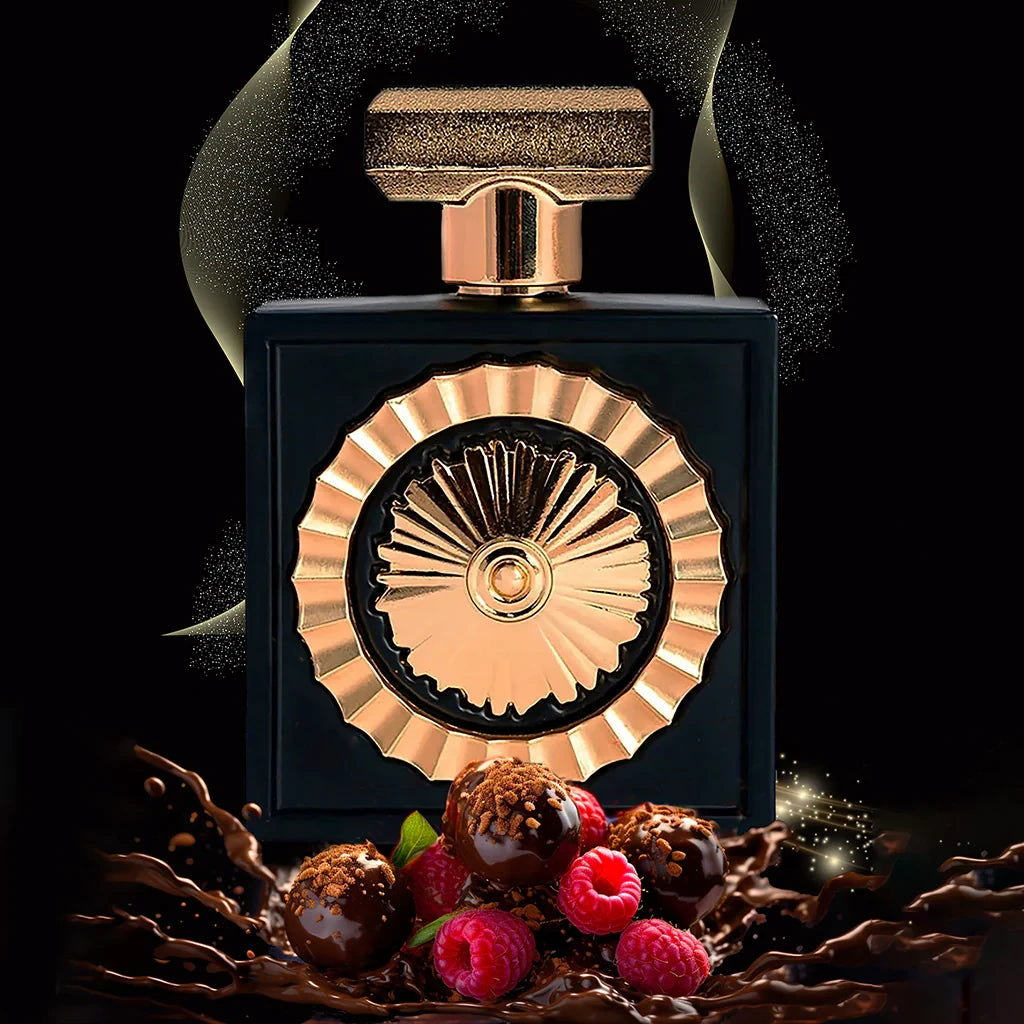 Nebras 100ml fragrance – dark moody bottle with berries and chocolate background