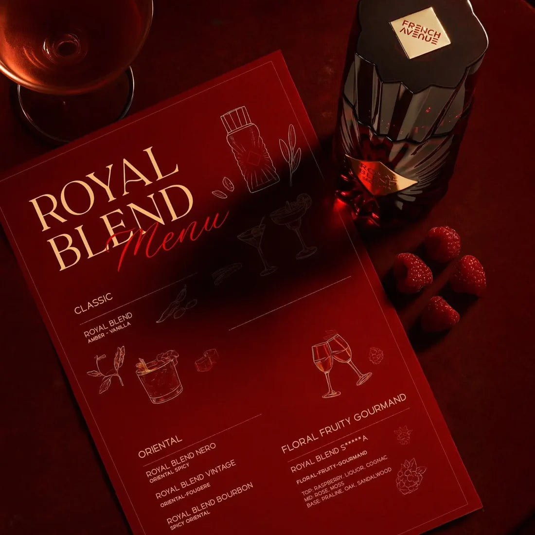 Royal Blend Menu with a bottle of French Avenue whisky and raspberries on a dark surface
