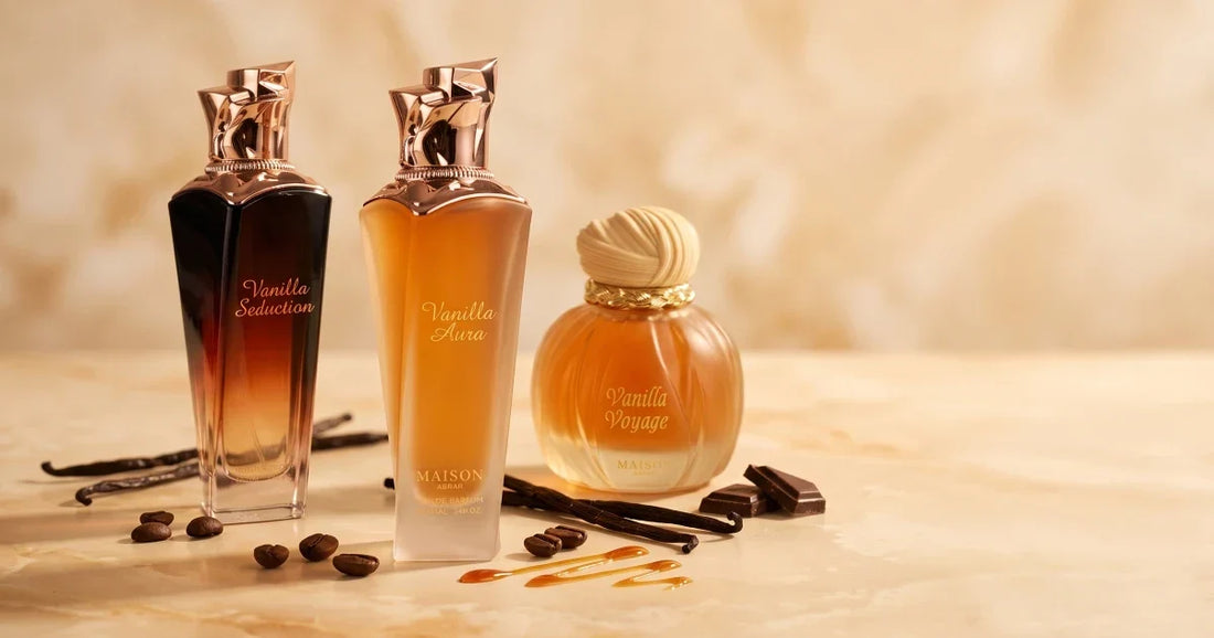 Vanilla Voyage, Vanilla Seduction and Vanilla Aura by Maison Asrar, three warm vanilla eau de parfums