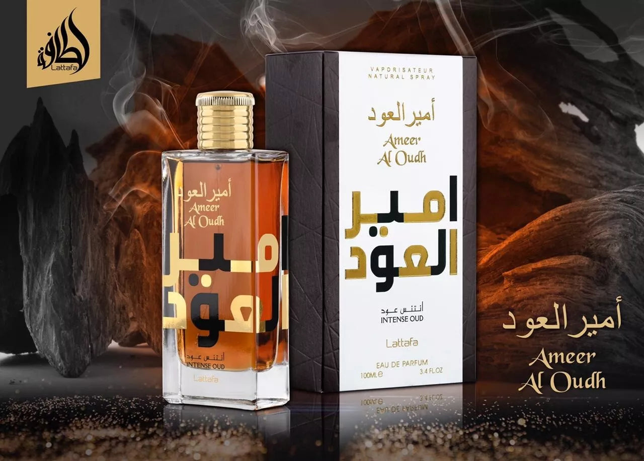 Ameer Al Oudh Intense Oud fragrance – box and bottle in smoky atmosphere