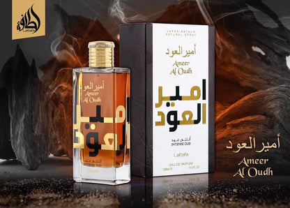 Ameer Al Oudh Intense Oud fragrance – box and bottle in smoky atmosphere