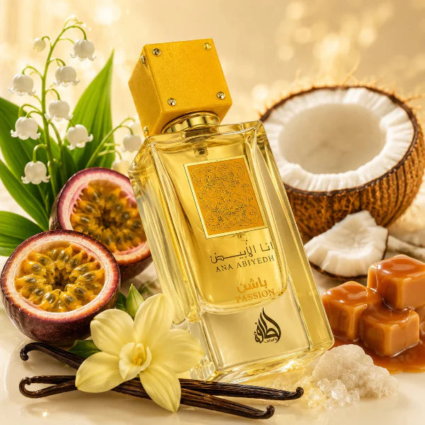 Ana Abiyedh Passion fragrance – bottle with tropical lifestyle of passionfruit and coconut
