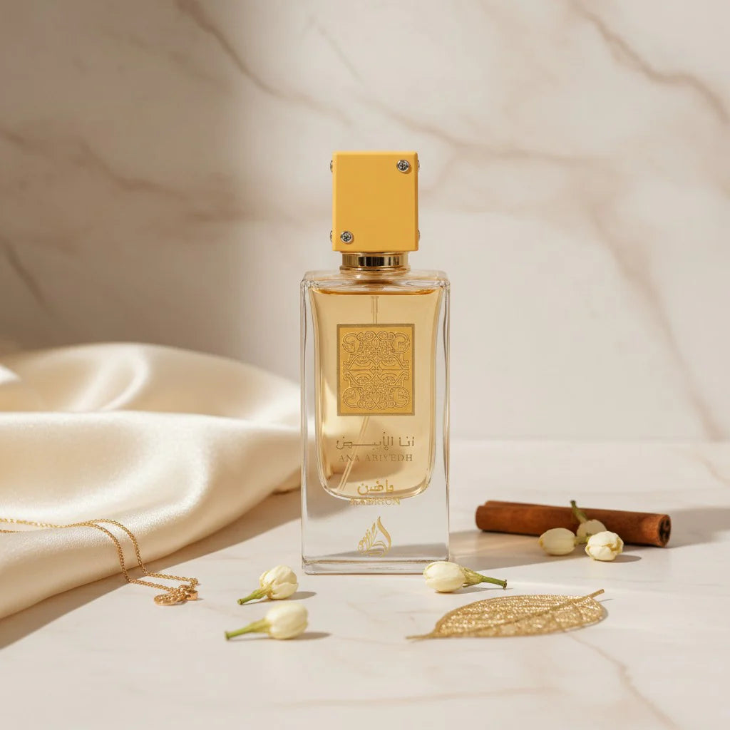 Ana Abiyedh Passion fragrance – bottle on marble with silk fabric and delicate pearls
