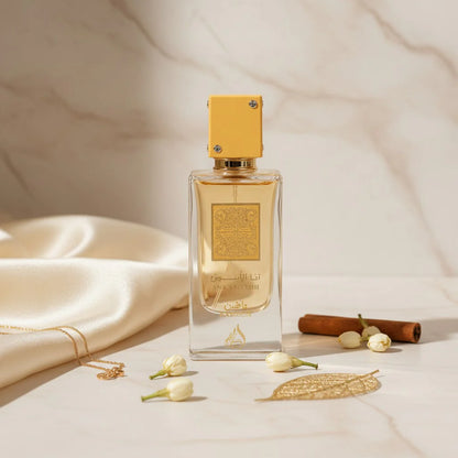 Ana Abiyedh Passion fragrance – bottle on marble with silk fabric and delicate pearls