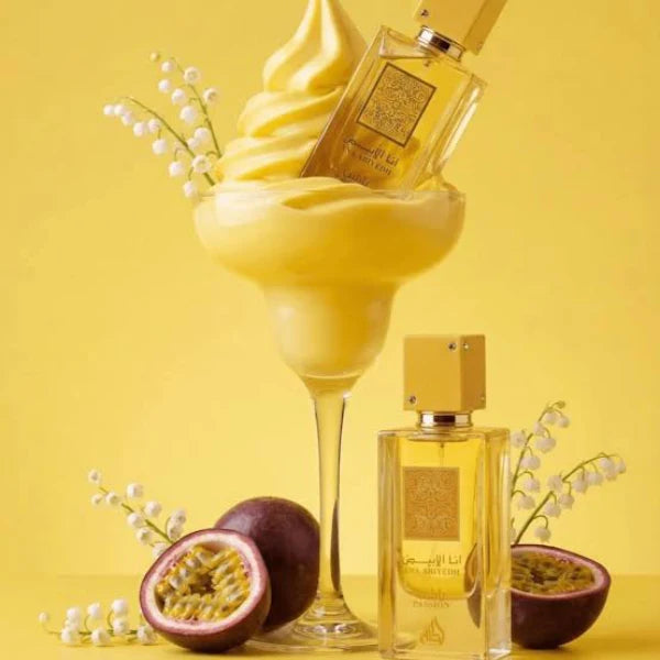 Ana Abiyedh Passion fragrance – bottle with yellow background and ice cream passionfruit composition