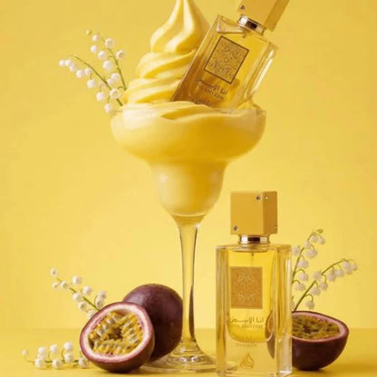 Ana Abiyedh Passion fragrance – bottle with yellow background and ice cream passionfruit composition