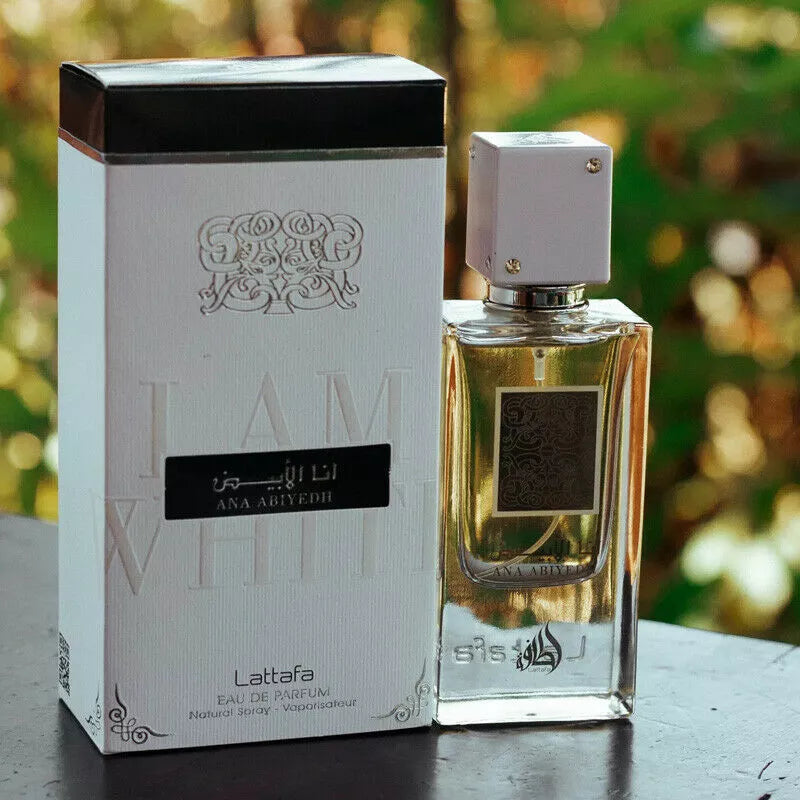 Ana Abiyedh White fragrance – box and bottle with outdoor greenery backdrop