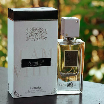 Ana Abiyedh White fragrance – box and bottle with outdoor greenery backdrop