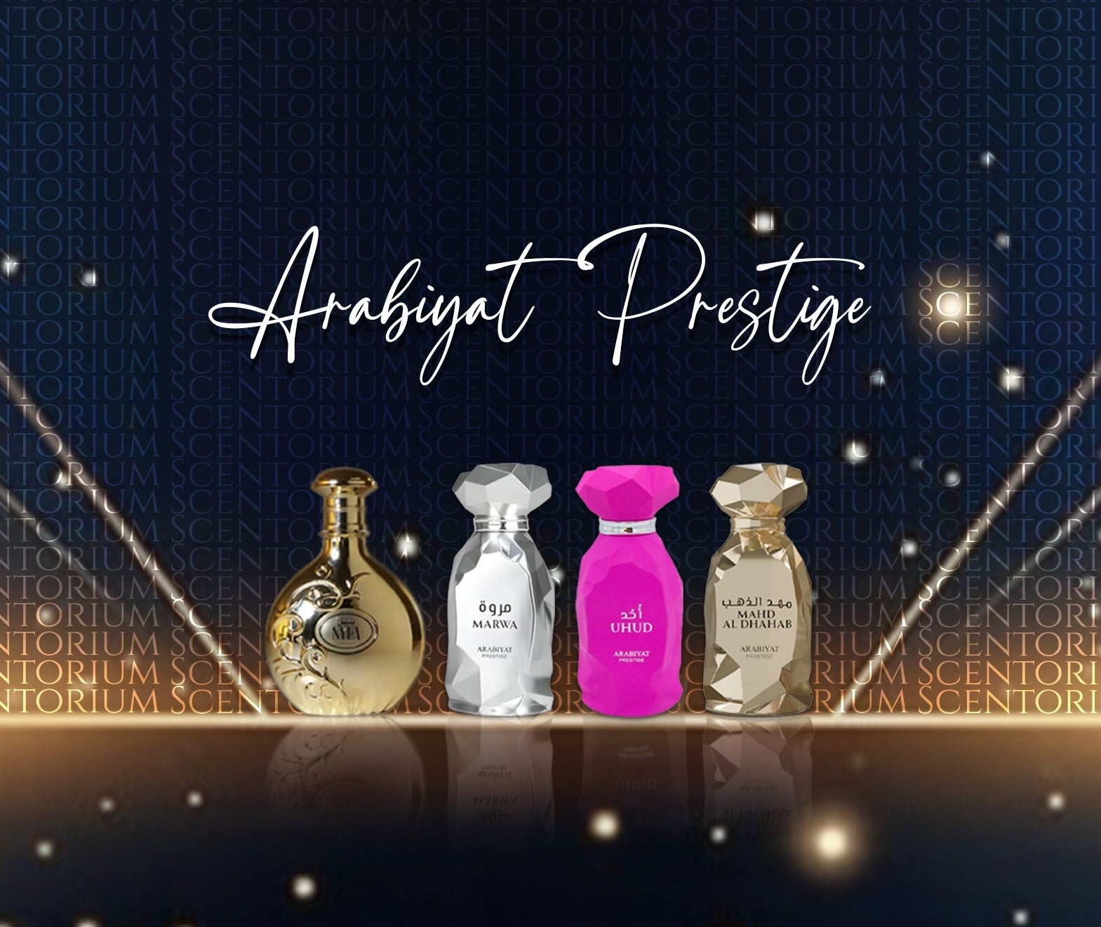 Four perfume bottles from Arabiyat Prestige on a dark background with star-like lights.