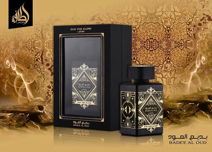 Badee Al Oud Oud for Glory fragrance – box and bottle with gold Arabian backdrop