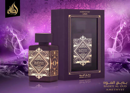 Badee Al Oud Amethyst fragrance – box and bottle with purple atmospheric smoke