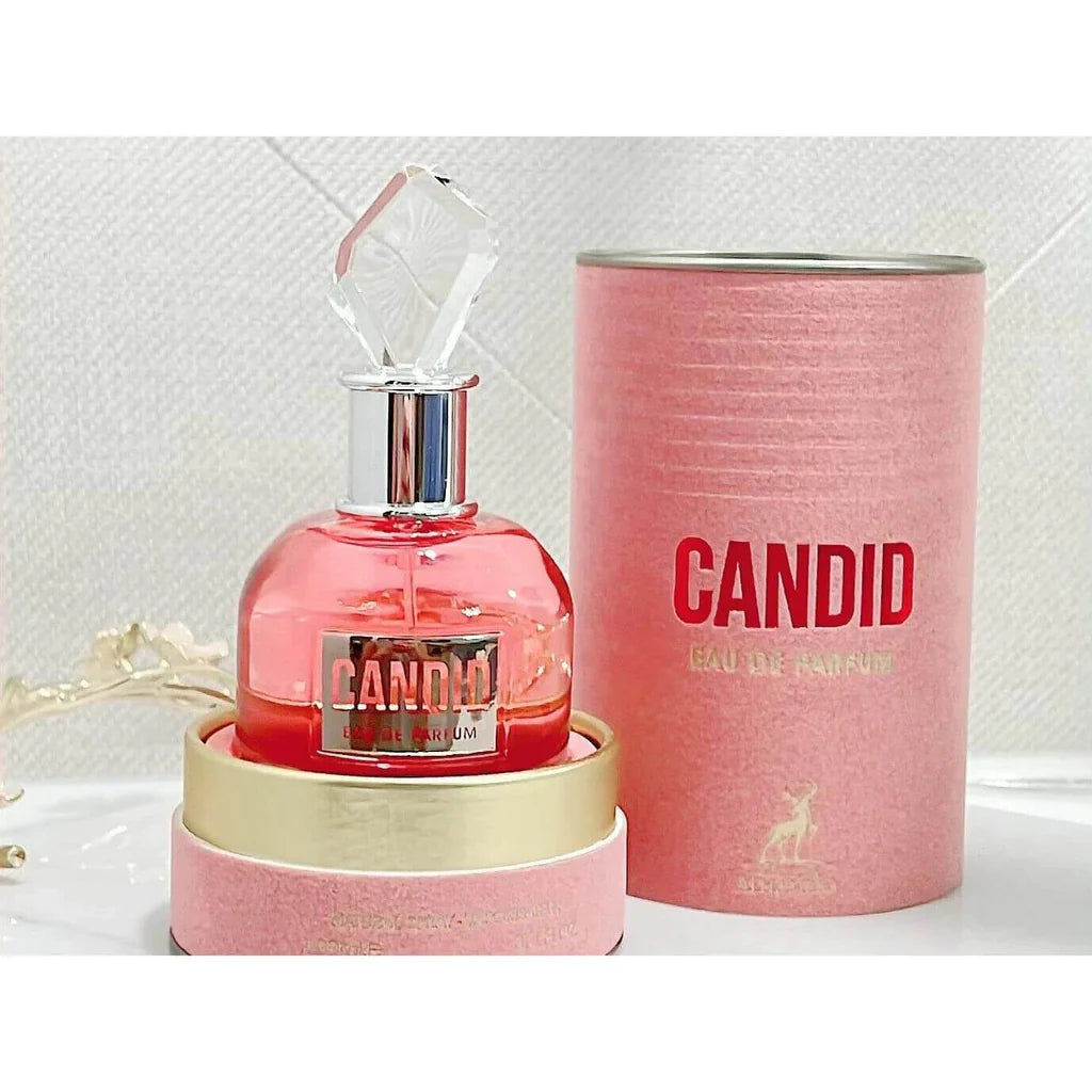 Candid 100ml fragrance – bottle and box on pink platform gift presentation