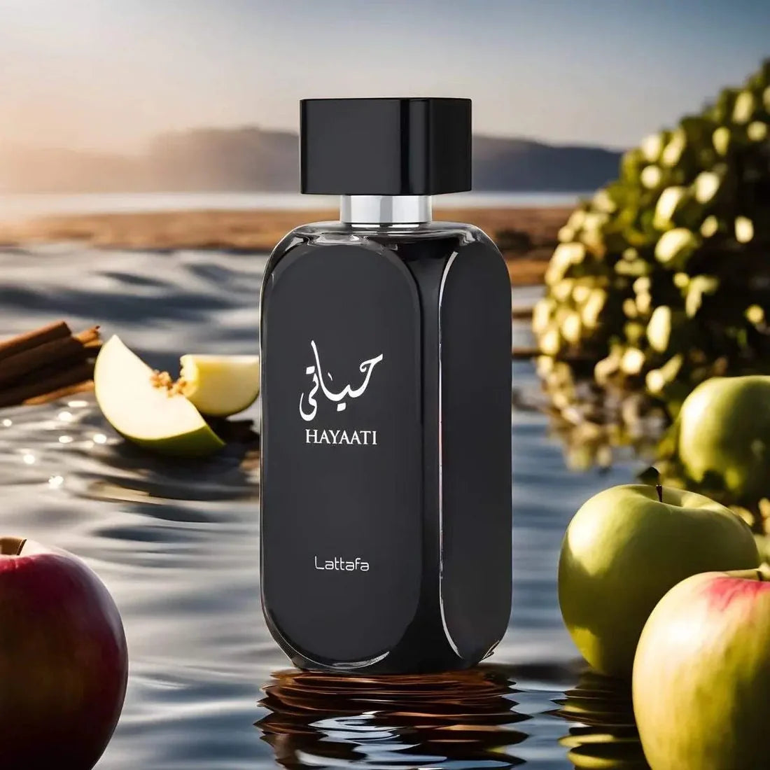 Hayaati fragrance – bottle with apple and water lifestyle