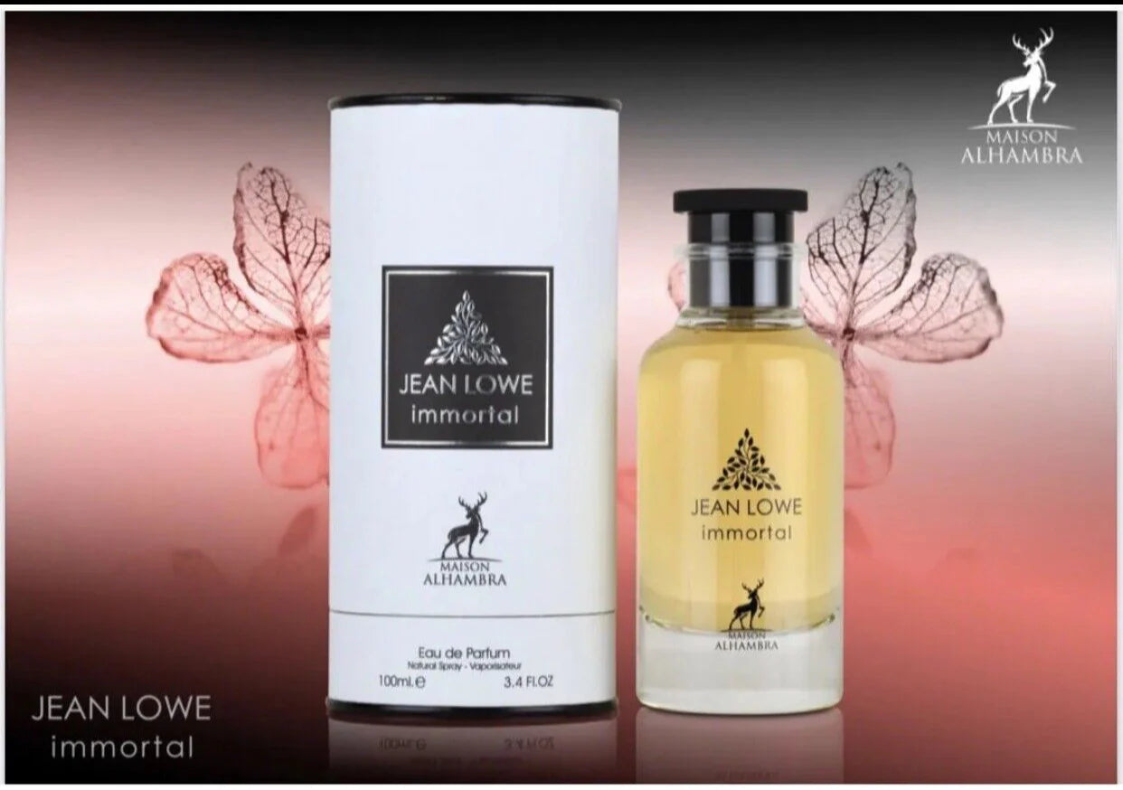 Jean Lowe Immortal 100ml fragrance – bottle and box with moody floral background