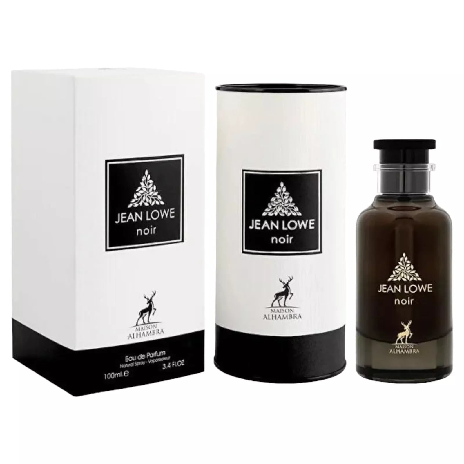 Jean Lowe Noir 100ml fragrance – two bottles and boxes group shot