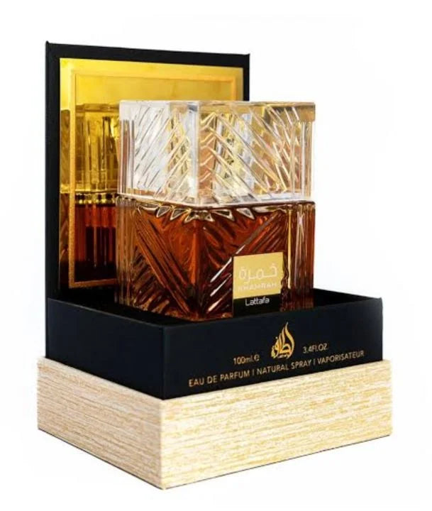 Khamrah fragrance – box and bottle in dark luxury setting