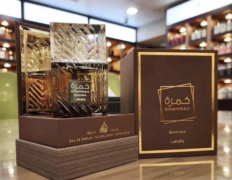 Khamrah Qahwa 100ml fragrance – bottle and box on store display