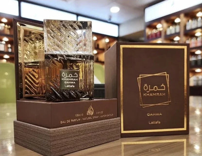 Khamrah Qahwa 100ml fragrance – bottle and box on store display