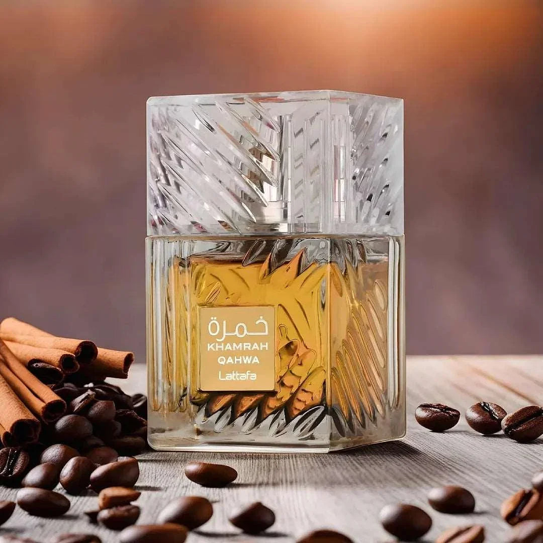 Khamrah Qahwa 100ml fragrance – bottle with coffee beans and spices