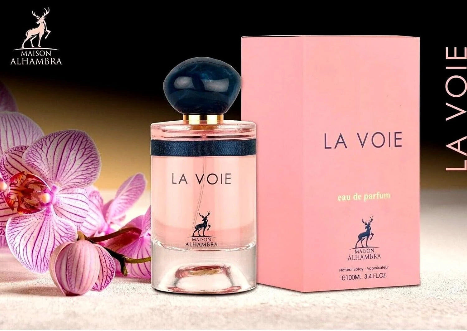 La Voie 100ml fragrance – bottle and box with pink orchids