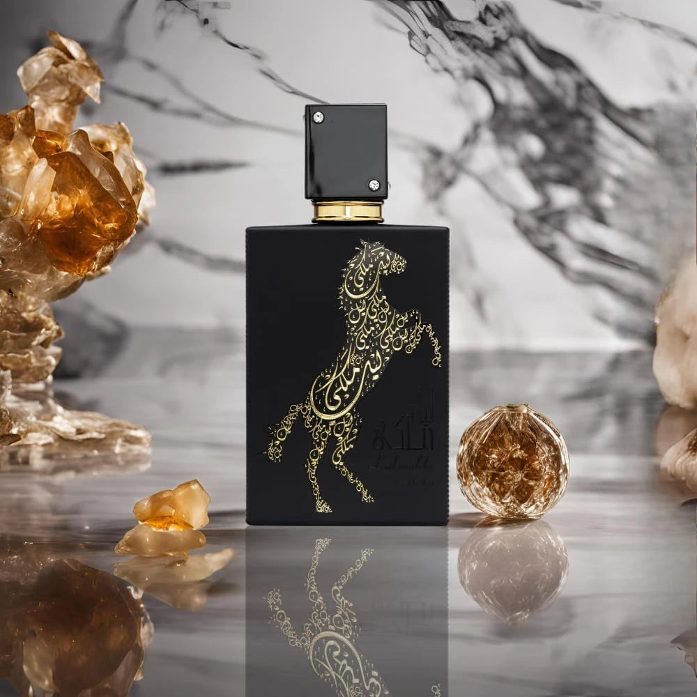 Lail Maleki 100ml fragrance – bottle on marble surface with amber crystals