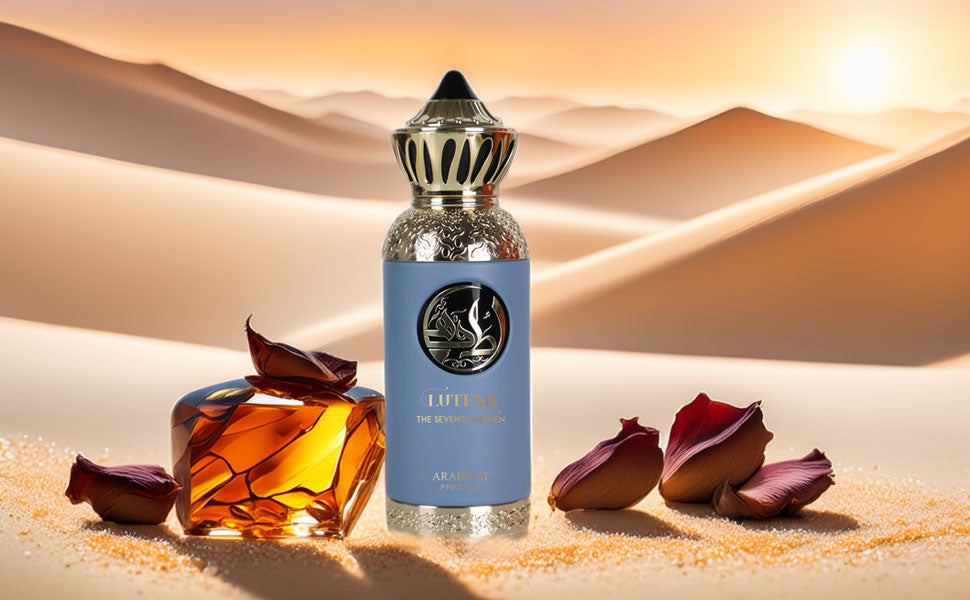 Lutfah bottle of perfume on sand with a sunset background