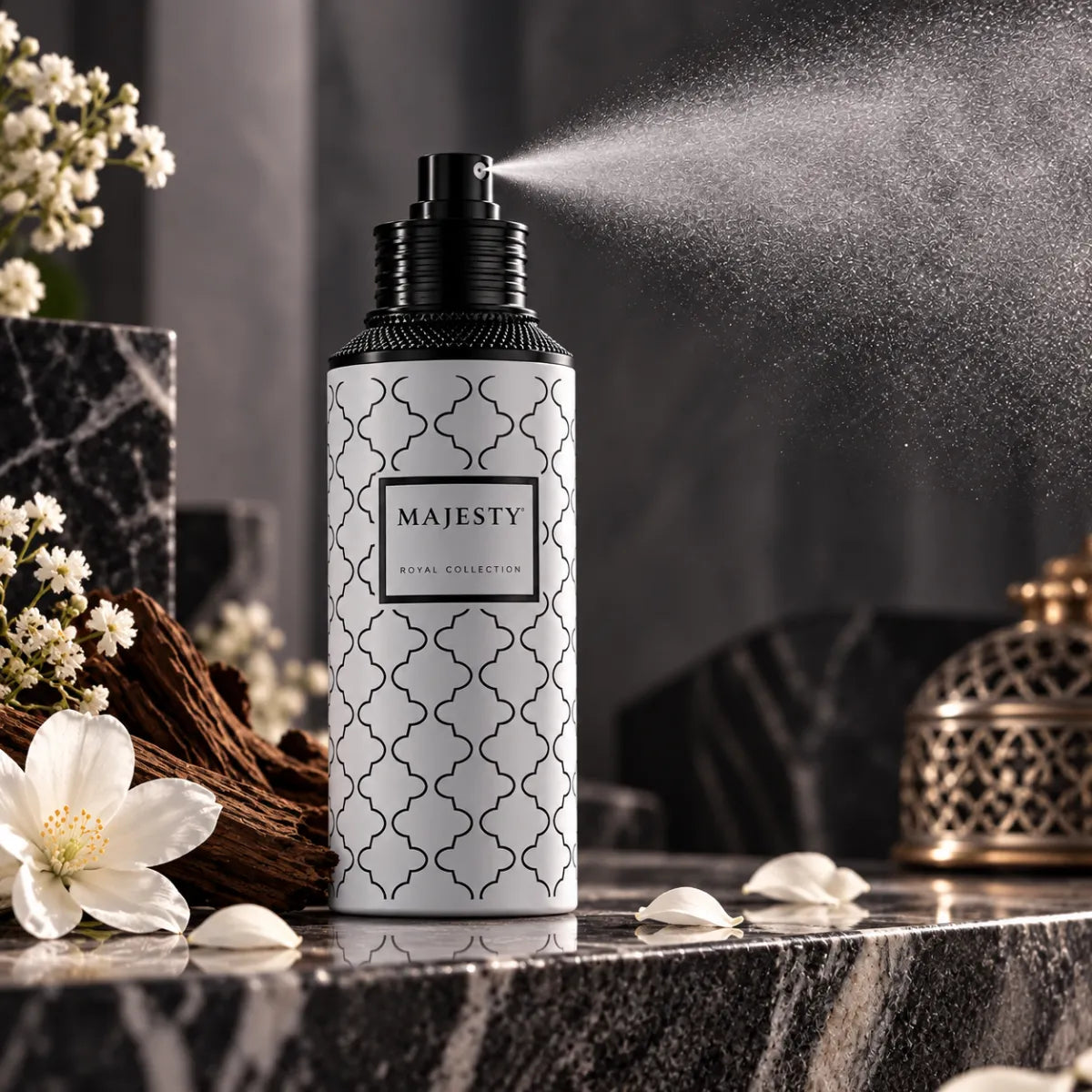 Majesty EDP spraying – bottle with jasmine flowers, wood and incense burner on marble