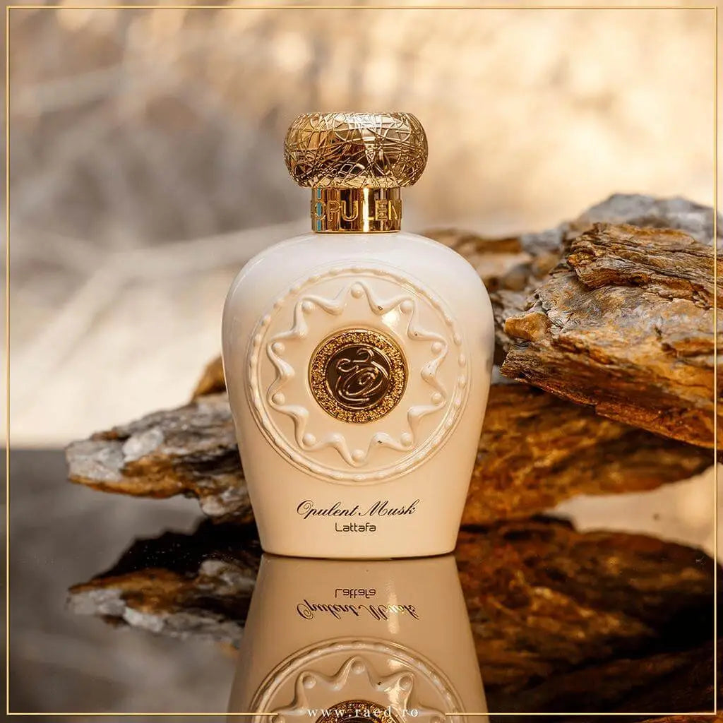 Opulent Musk fragrance – bottle on rock in outdoor setting