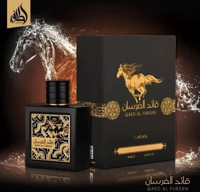 Qaed Al Fursan 90ml fragrance – dramatic lifestyle with glowing horse motif