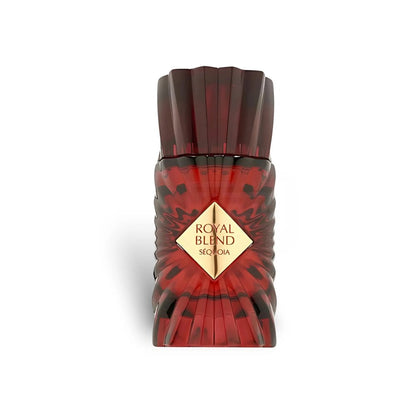 Red and gold perfume bottle with 'Royal Blend Sequoia' label on a white background
