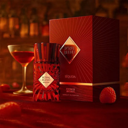 Royal Blend Sequoia perfume bottle and packaging with a blurred background of a bar setting.