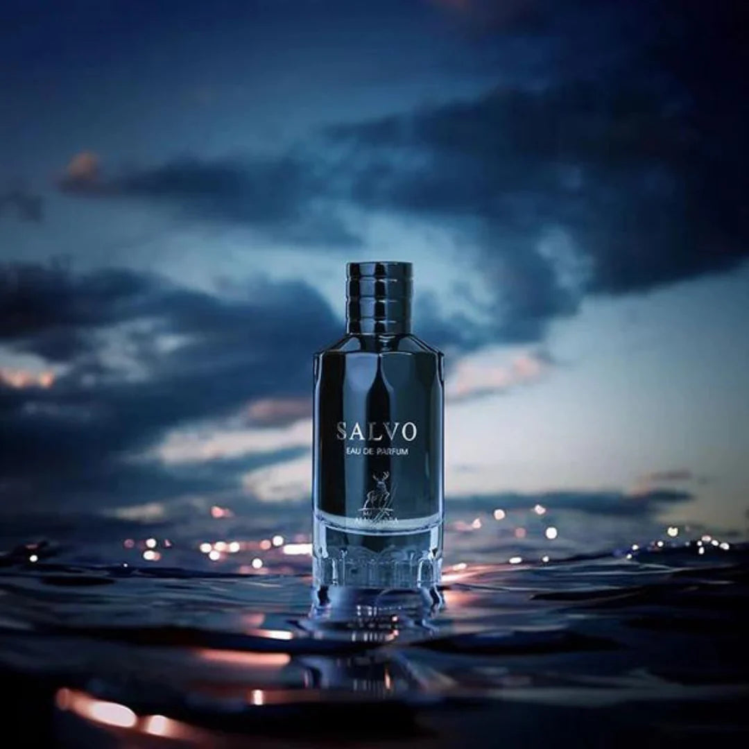 Salvo 100ml fragrance – bottle on water with dramatic stormy sky