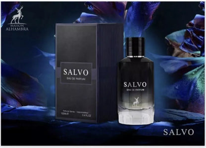Salvo 100ml fragrance – bottle and box with moody blue floral background