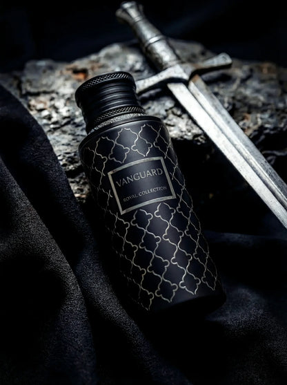 Vanguard fragrance – bottle with antique sword on dark suede and stone