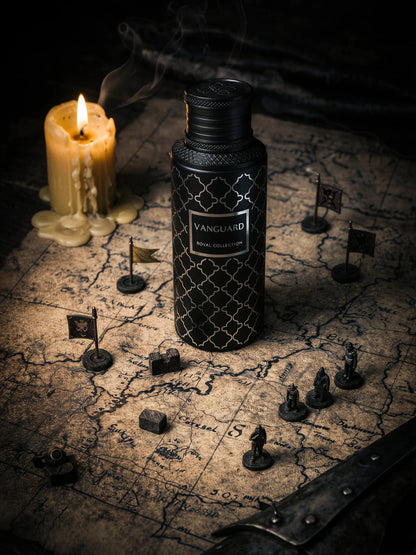 Vanguard EDP – bottle on antique battle map with candle, miniature flags and figurines