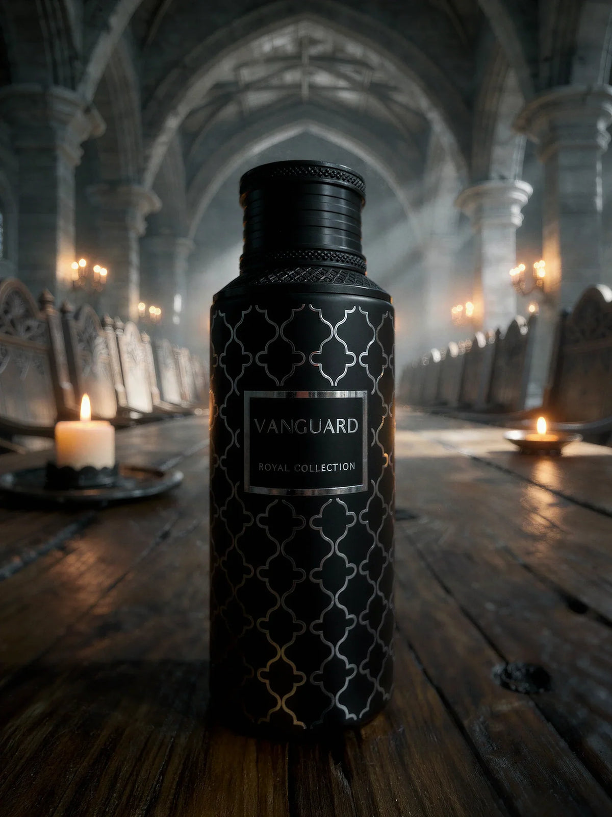 Vanguard fragrance – bottle in atmospheric stone hall with candlelight