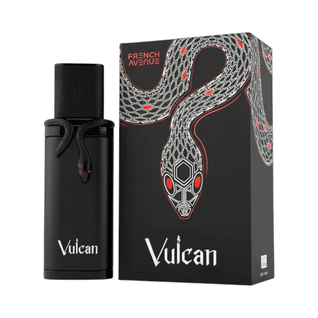 Black Vulcan perfume bottle and packaging with snake design on a white background