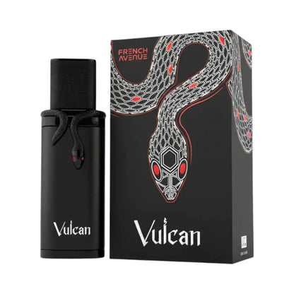 Black Vulcan perfume bottle and packaging with snake design on a white background