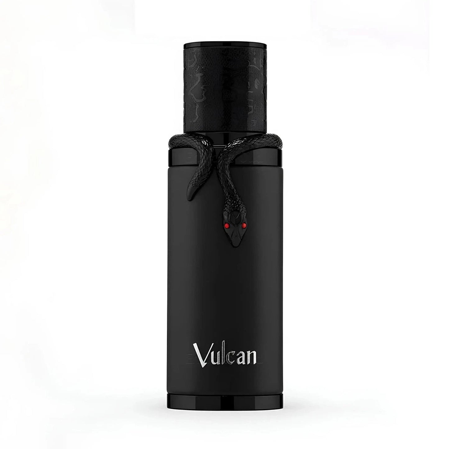 Black bottle with a black bow and 'Vulcan Black' branding on a white background