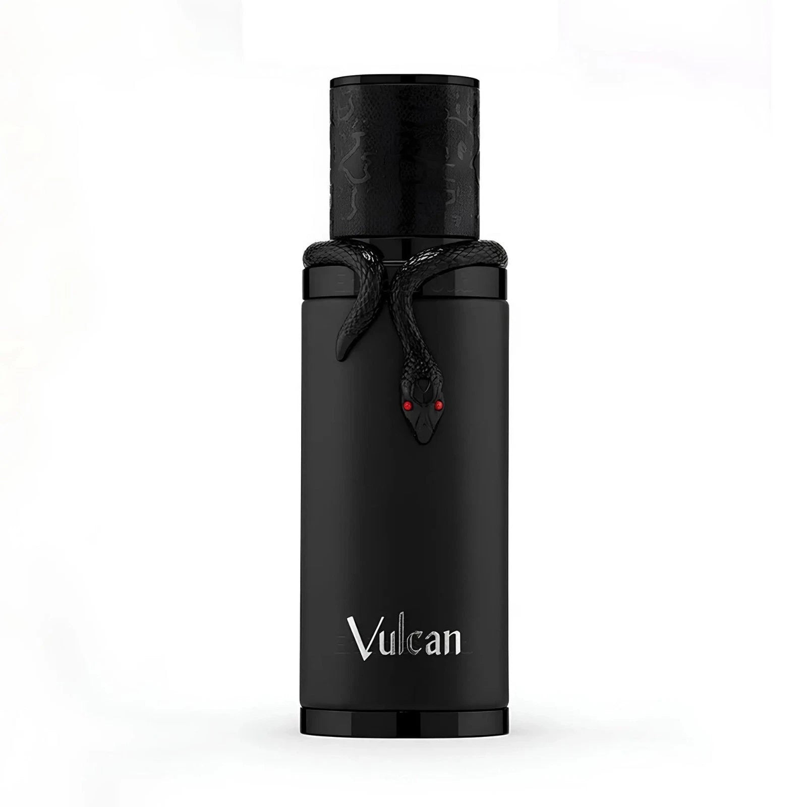 Black bottle with a black bow and 'Vulcan Black' branding on a white background