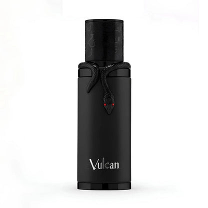 Black bottle with a black bow and 'Vulcan Black' branding on a white background