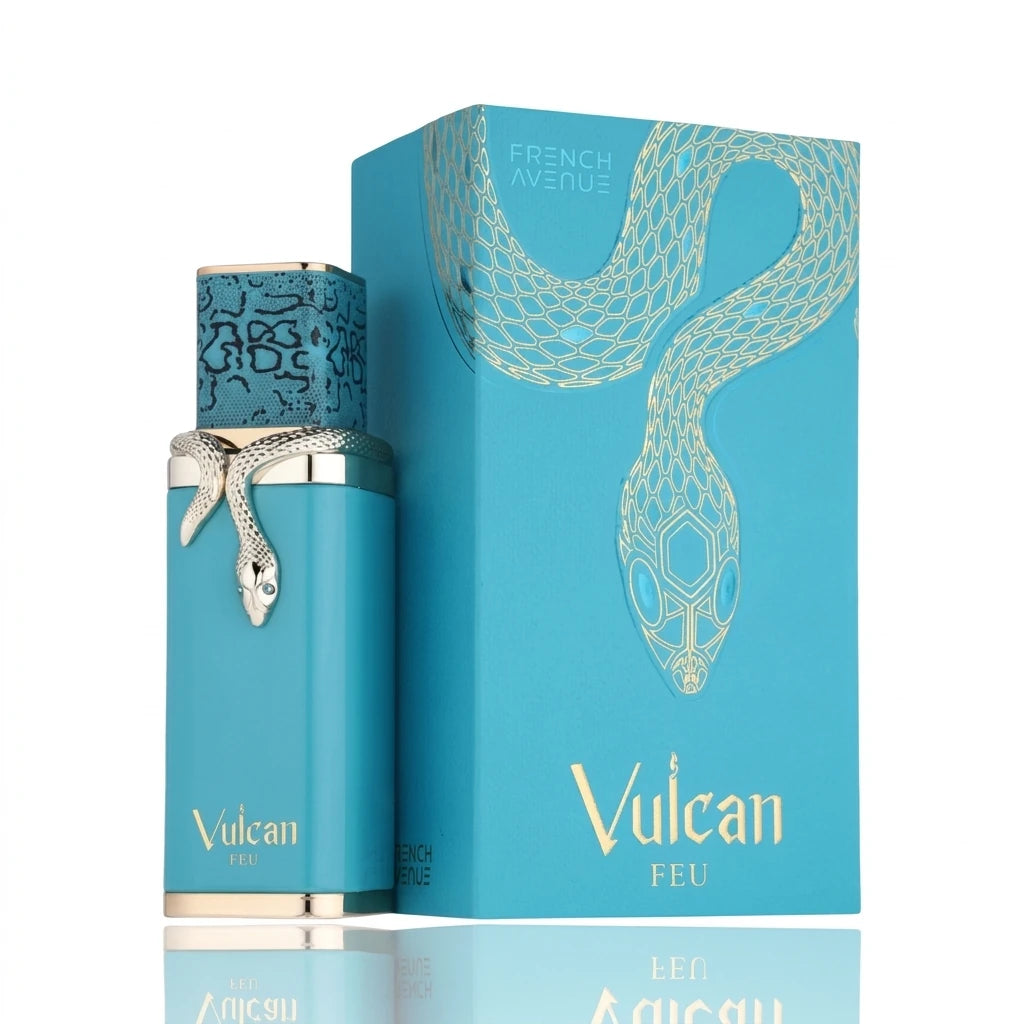 Vulcan Feu 100ml fragrance bottle with snake-shaped silver adornment and blue packaging